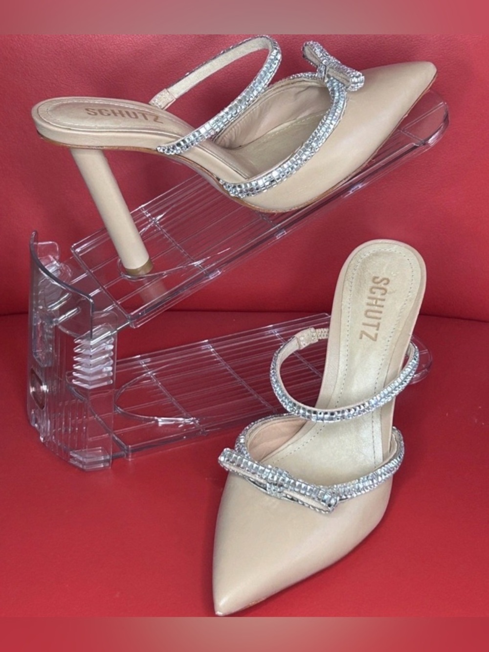Schutz Women's Nude Crystal Bow Leather Slide High Heels Avril 7.5